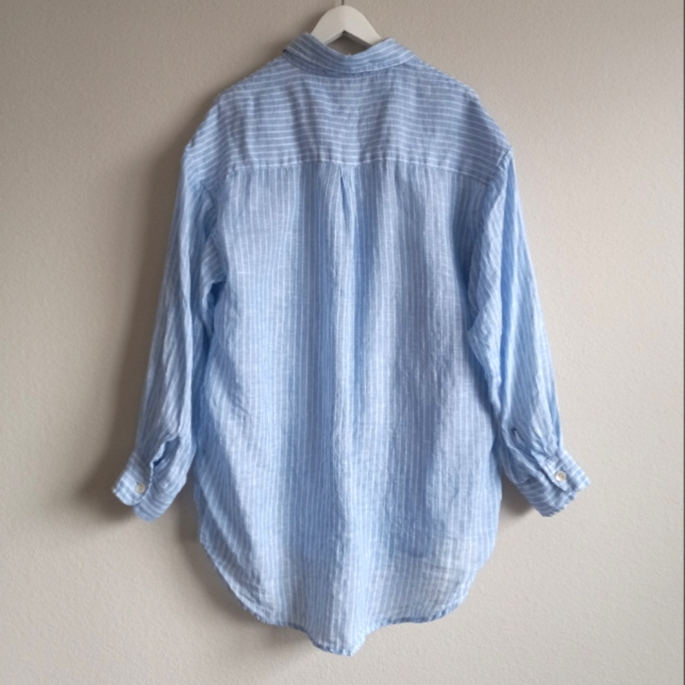 Vitamin A Playa Linen Boyfriend Shirt Summer Stripe EcoLinen M - Picture 6 of 16